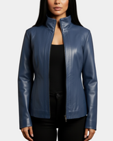 Womens Classic Zip Fastening Leather Jacket Julia  Radiant Blue